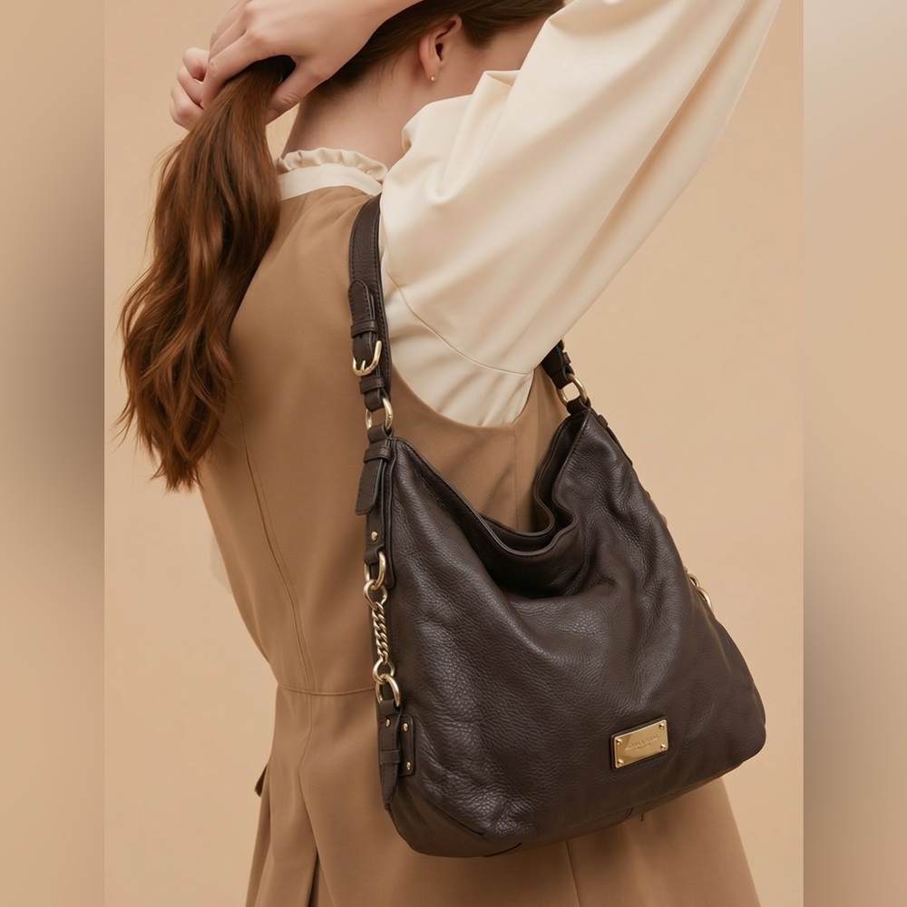 Michael Kors Dark Brown Pebbled Leather Studded Hobo Shoulder Bag Gold Hardware